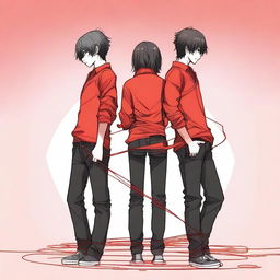 An image of a couple standing back to back with a red thread wrapped around them, capturing their attention