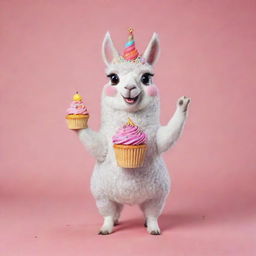 A cute and colorful cartoon llama joyfully holding a decorated cupcake