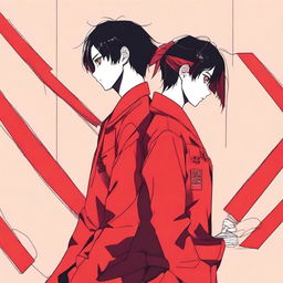 A red background with a couple standing back to back