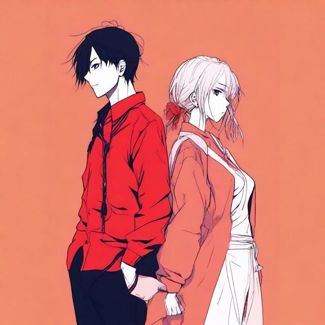 A red background with a couple standing back to back as normal people