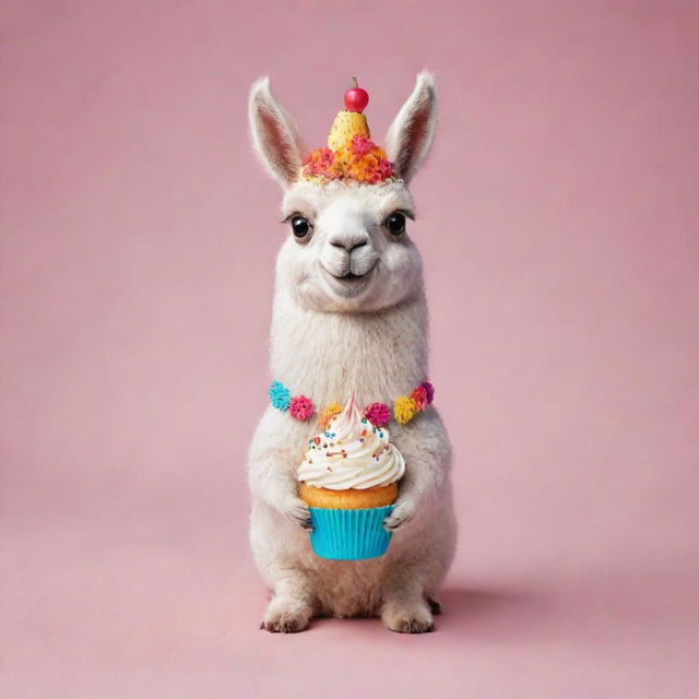 A cute and colorful cartoon llama joyfully holding a decorated cupcake