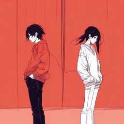 A red background with a couple standing back to back as normal people