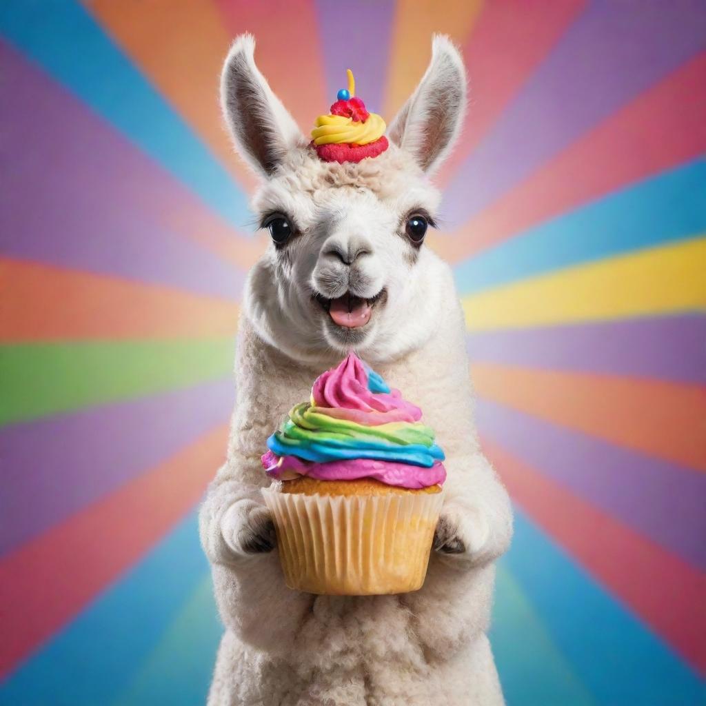 A cute cartoon llama joyfully holding a colorful cupcake with a straightforward expression, surrounded by a vibrant background.