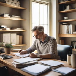 A professional writer working diligently at a desk, surrounded by books and papers