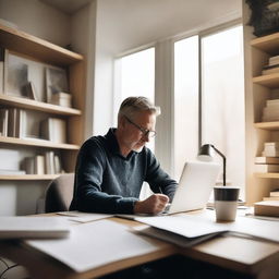 A professional writer working diligently at a desk, surrounded by books and papers