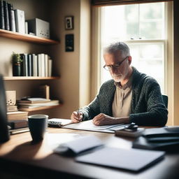 A professional writer working diligently at a desk, surrounded by books and papers