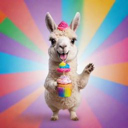 A cute cartoon llama joyfully holding a colorful cupcake with a straightforward expression, surrounded by a vibrant background.