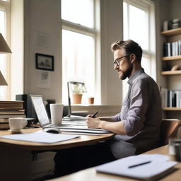 A professional writer working diligently at a desk, surrounded by books and papers