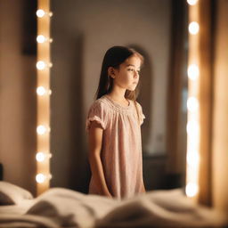 A young girl standing in front of a mirror, looking at her reflection with a thoughtful expression