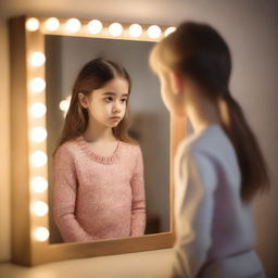 A young girl standing in front of a mirror, looking at her reflection with a thoughtful expression