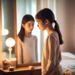 A young girl standing in front of a mirror, looking at her reflection with a thoughtful expression