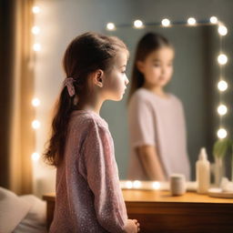 A young girl standing in front of a mirror, looking at her reflection with a thoughtful expression