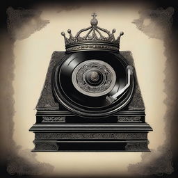 A detailed illustration of a crown placed on top of an antique and eerie turntable