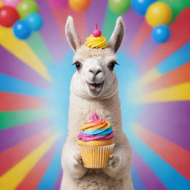 A cute cartoon llama joyfully holding a colorful cupcake with a straightforward expression, surrounded by a vibrant background.