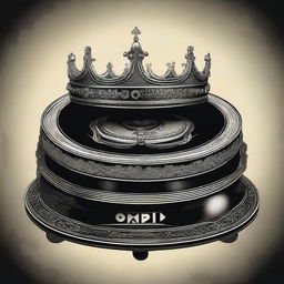 A detailed illustration of a crown placed on top of an antique and eerie turntable