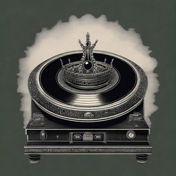 A detailed illustration of a crown placed on top of an antique and eerie turntable