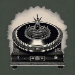 A detailed illustration of a crown placed on top of an antique and eerie turntable