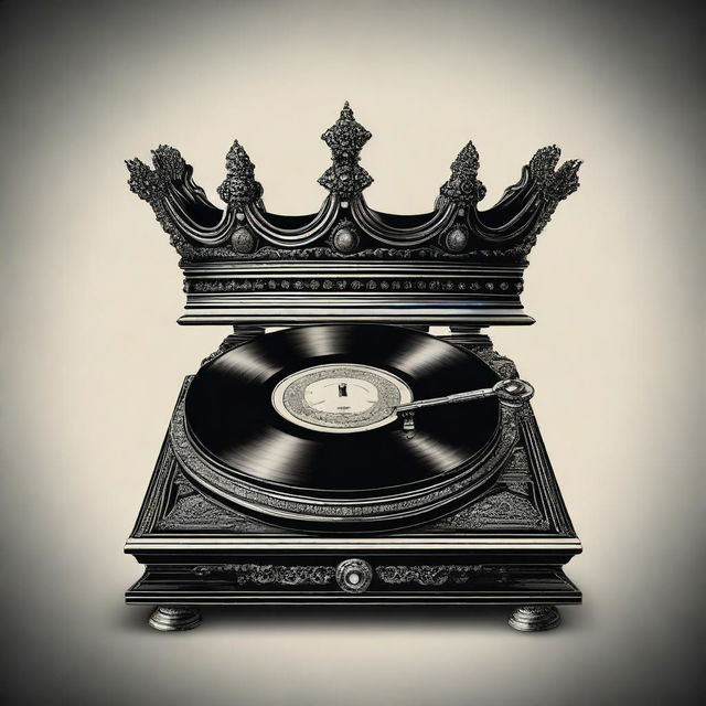 A detailed illustration of a crown placed on top of an antique and eerie turntable