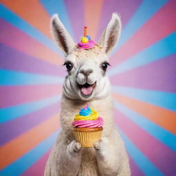 A cute cartoon llama joyfully holding a colorful cupcake with a straightforward expression, surrounded by a vibrant background.