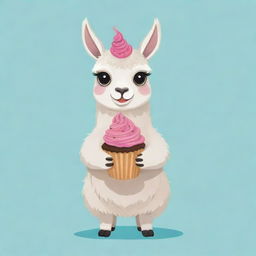 A cute cartoon illustration of a llama holding a cupcake