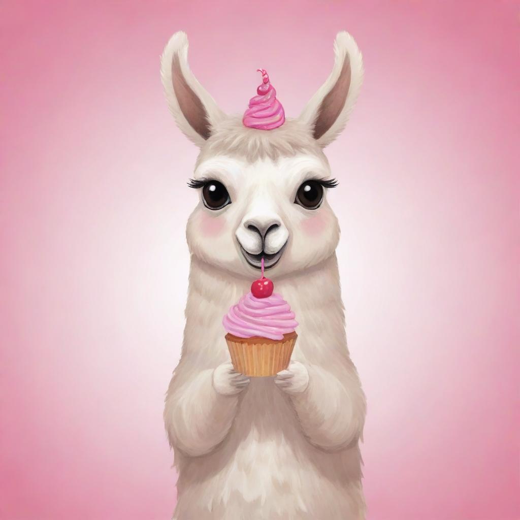 A cute cartoon illustration of a llama holding a cupcake