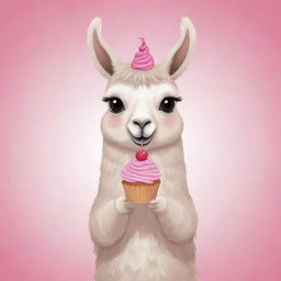 A cute cartoon illustration of a llama holding a cupcake