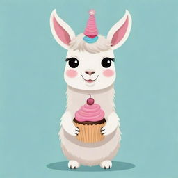 A cute cartoon illustration of a llama holding a cupcake