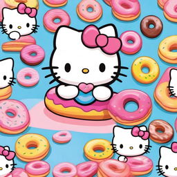 A cute image of Hello Kitty holding a variety of colorful donuts