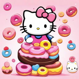 A cute image of Hello Kitty holding a variety of colorful donuts