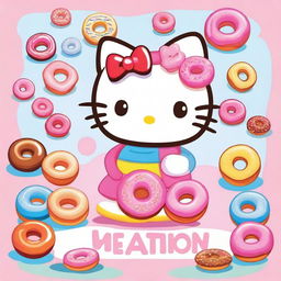 A cute image of Hello Kitty holding a variety of colorful donuts