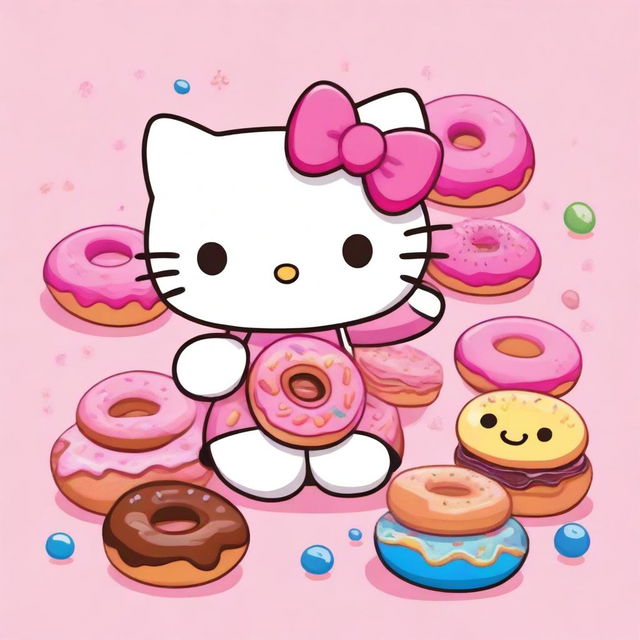 A cute image of Hello Kitty holding a variety of colorful donuts