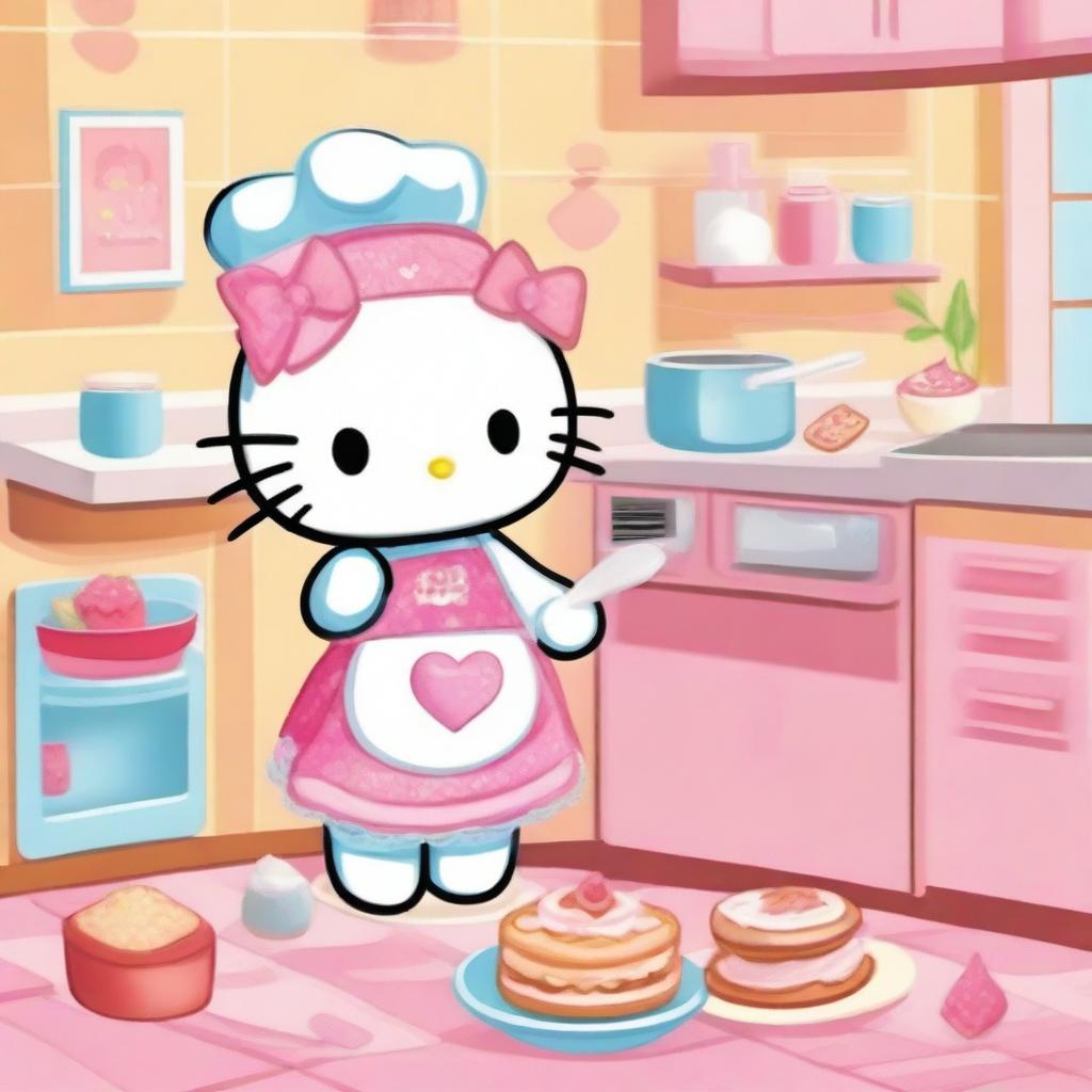 A delightful image of Hello Kitty in a kitchen, happily cooking various desserts