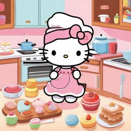 A delightful image of Hello Kitty in a kitchen, happily cooking various desserts