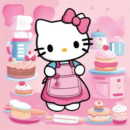 A delightful image of Hello Kitty in a kitchen, happily cooking various desserts