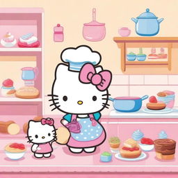 A delightful image of Hello Kitty in a kitchen, happily cooking various desserts