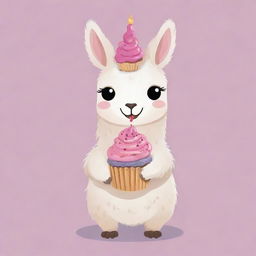 A cute cartoon illustration of a llama holding a cupcake