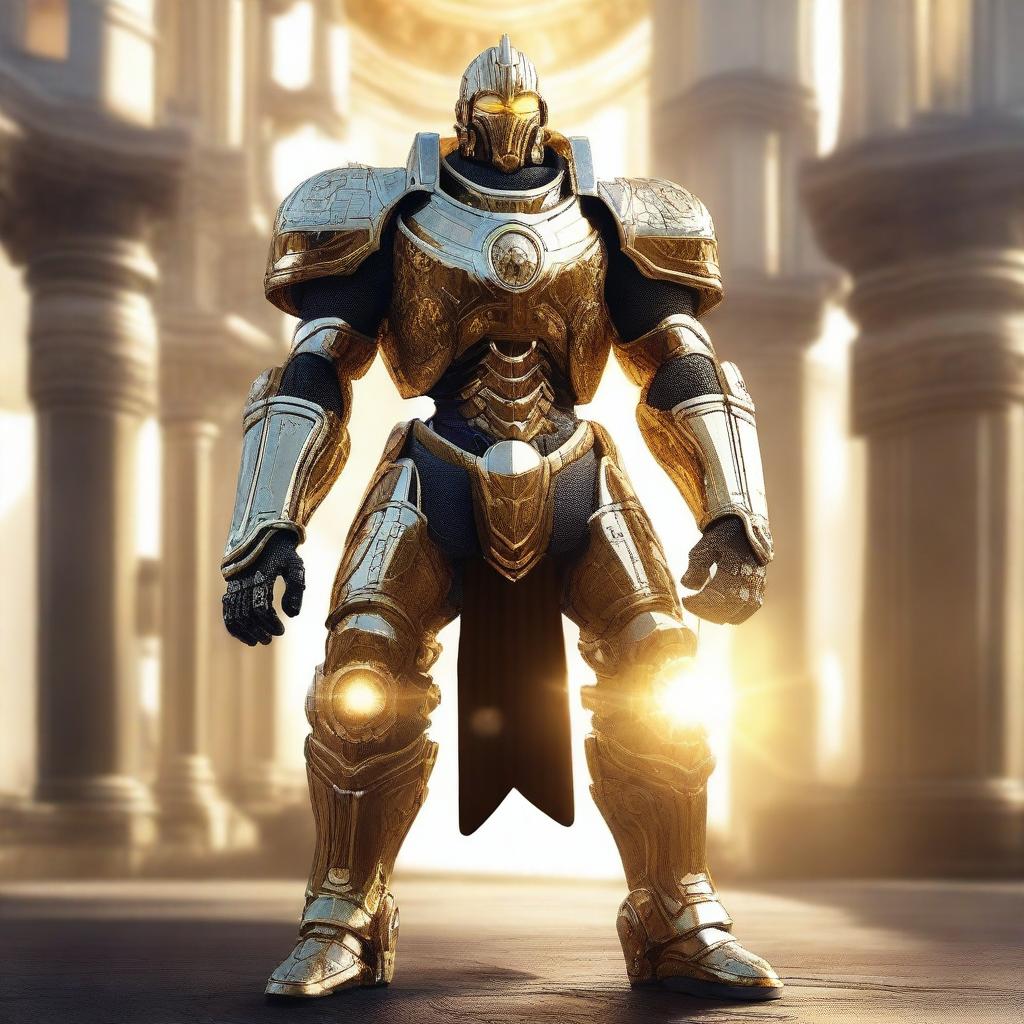 A majestic Warforged with solar powers, its core a miniature sun radiating bright golden light