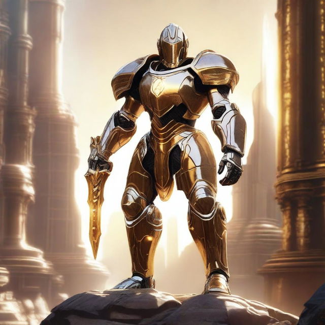 A majestic Warforged with solar powers, its core a miniature sun radiating bright golden light