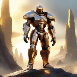 A majestic Warforged with solar powers, its core a miniature sun radiating bright golden light