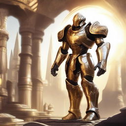 A majestic Warforged with solar powers, its core a miniature sun radiating bright golden light