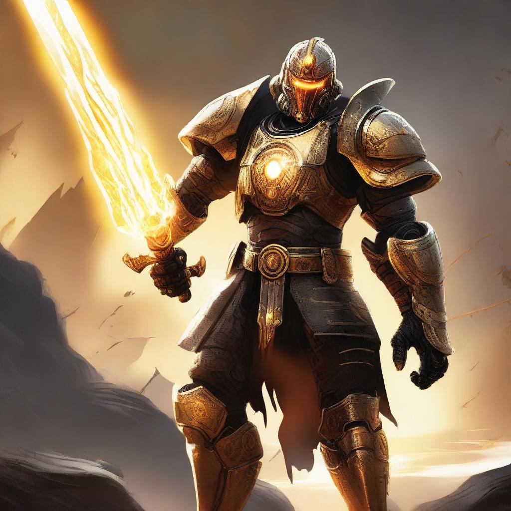 A powerful Warforged with a miniature sun as its core, radiating bright golden light