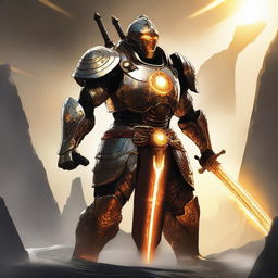 A powerful Warforged with a miniature sun as its core, radiating bright golden light