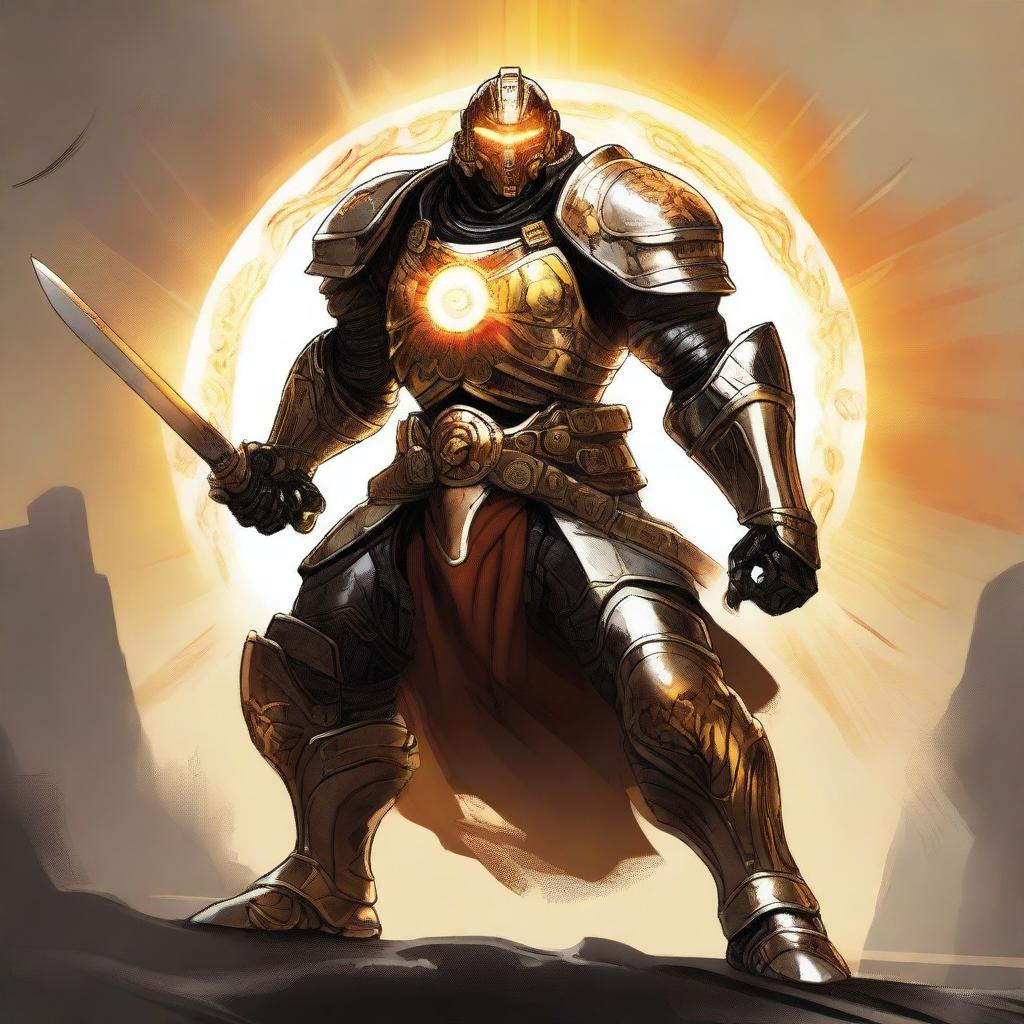 A powerful Warforged with a miniature sun as its core, radiating bright golden light