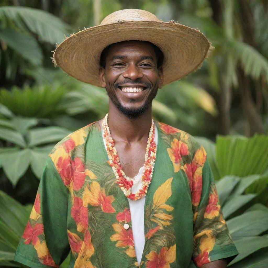 A Jamaican man dressed in traditional Caribbean attire, with a radiant smile on his face, surrounded by a tropical environment.