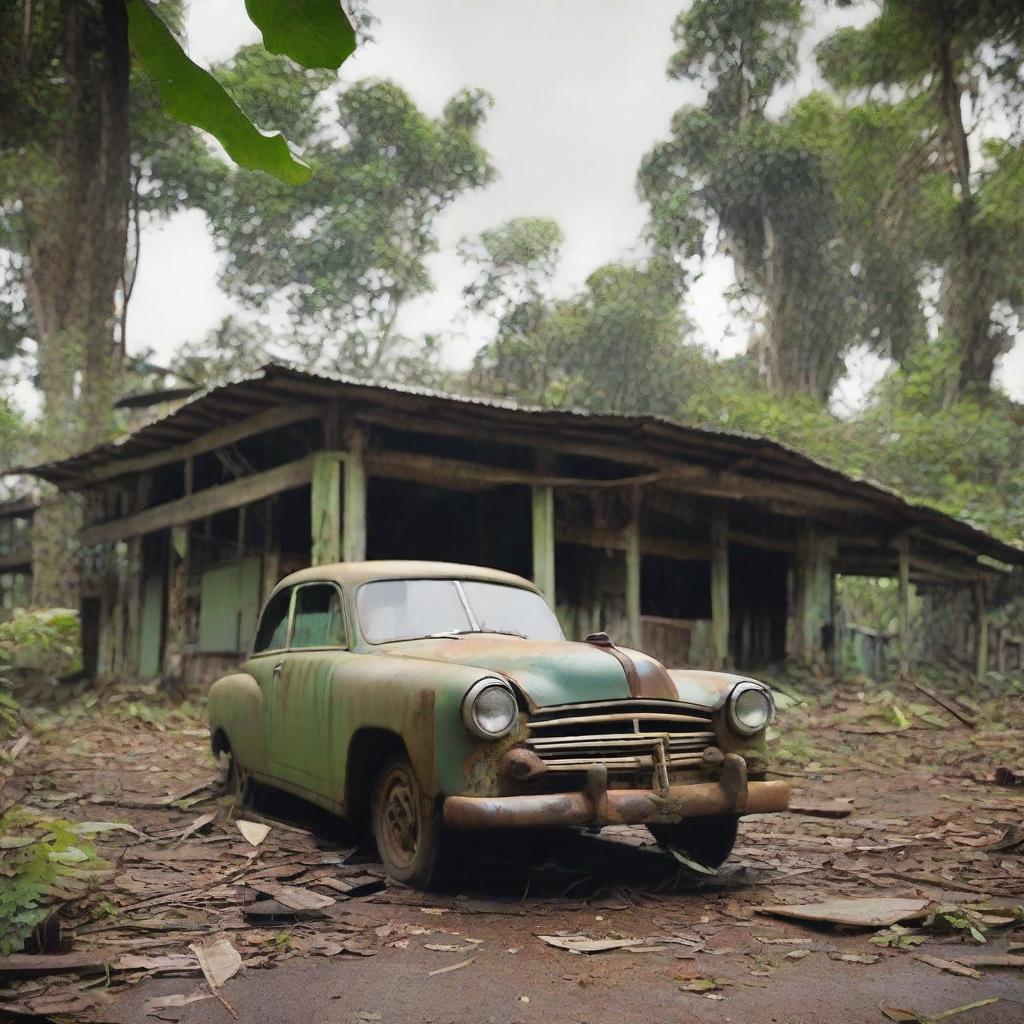 Create an image depicting Fordlandia, the abandoned industrial town in the Amazon rainforest