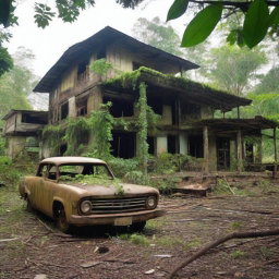 Create an image depicting Fordlandia, the abandoned industrial town in the Amazon rainforest