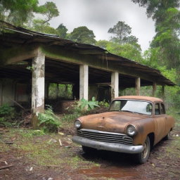 Create an image depicting Fordlandia, the abandoned industrial town in the Amazon rainforest