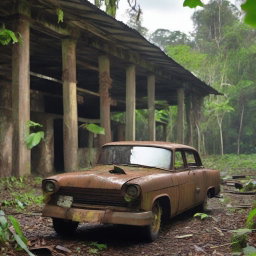 Create an image depicting Fordlandia, the abandoned industrial town in the Amazon rainforest