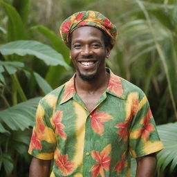 A Jamaican man dressed in traditional Caribbean attire, with a radiant smile on his face, surrounded by a tropical environment.