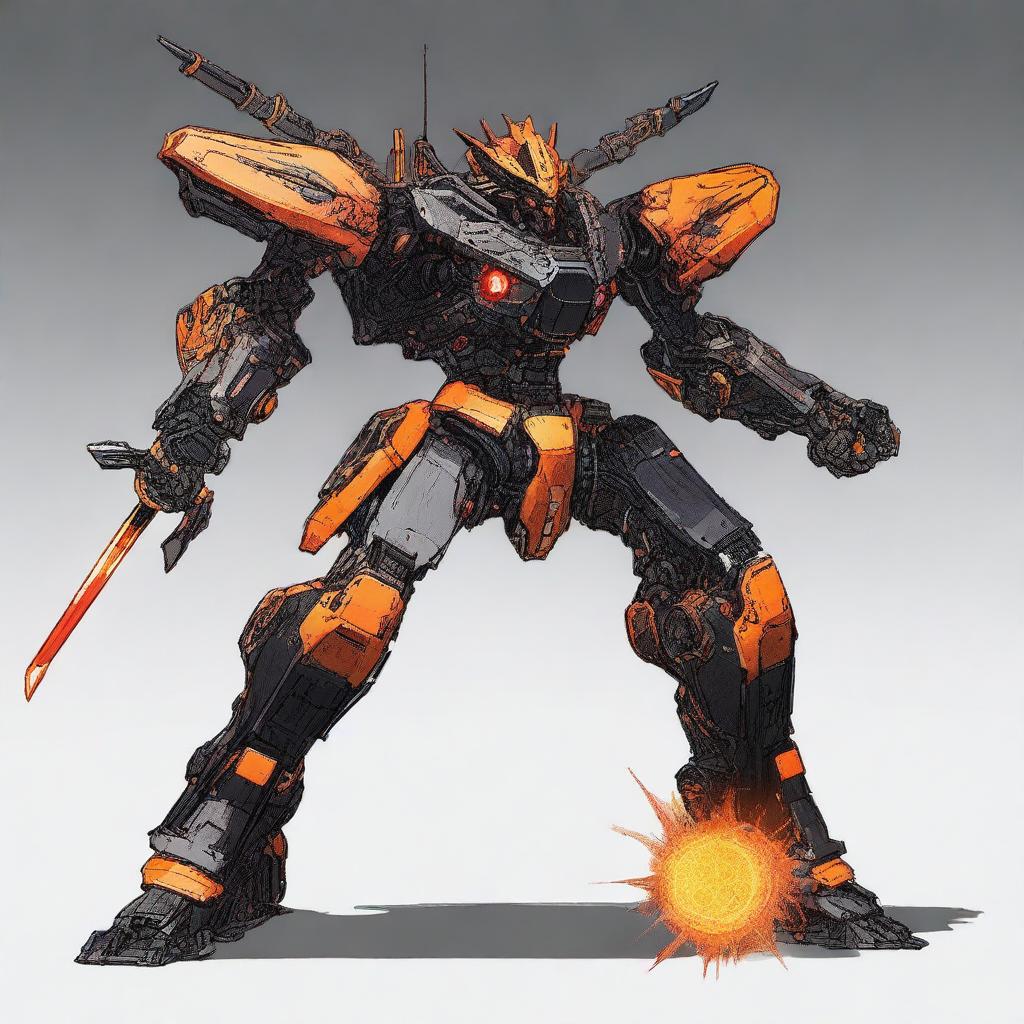 A big, bulky mech with a miniature sun as its core, colored black and orange